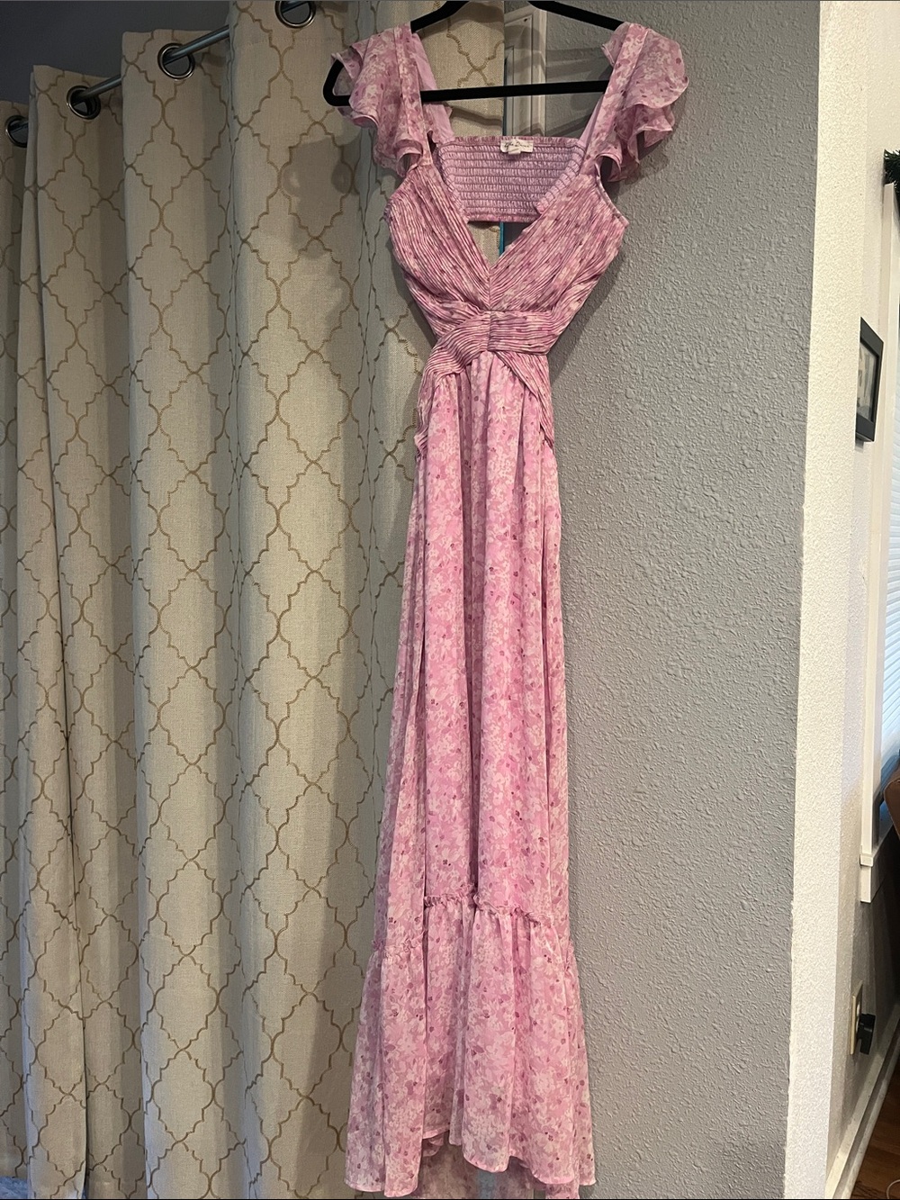 Smocked Bodice Pink Floral Maxi Dress with Ruffle Cap Sleeves